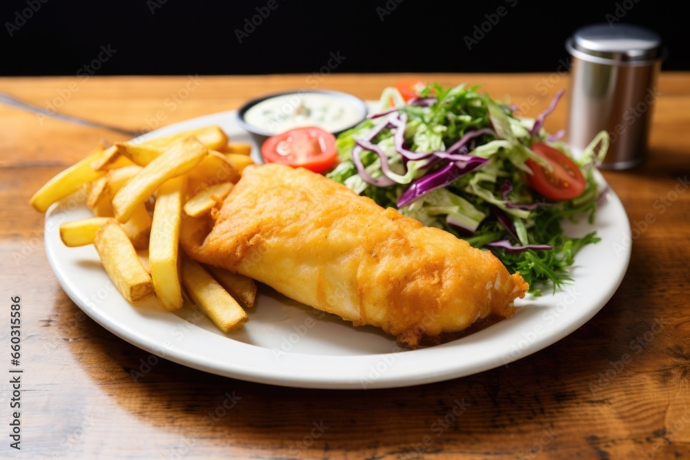 fish and chips served with a side salad fish and chips served with a side salad