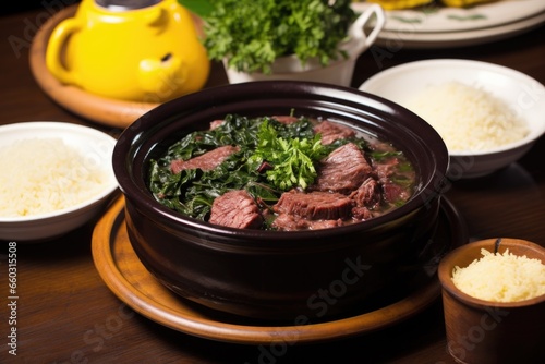 feijoada being served from a pot onto a plate