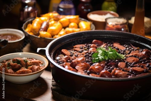 close up of smoked sausage amidst feijoada