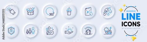 Greenhouse, Diesel canister and Rotation gesture line icons for web app. Pack of 360 degrees, Sunny weather, Drums pictogram icons. Petrol station, Difficult stress, Shield signs. Vector