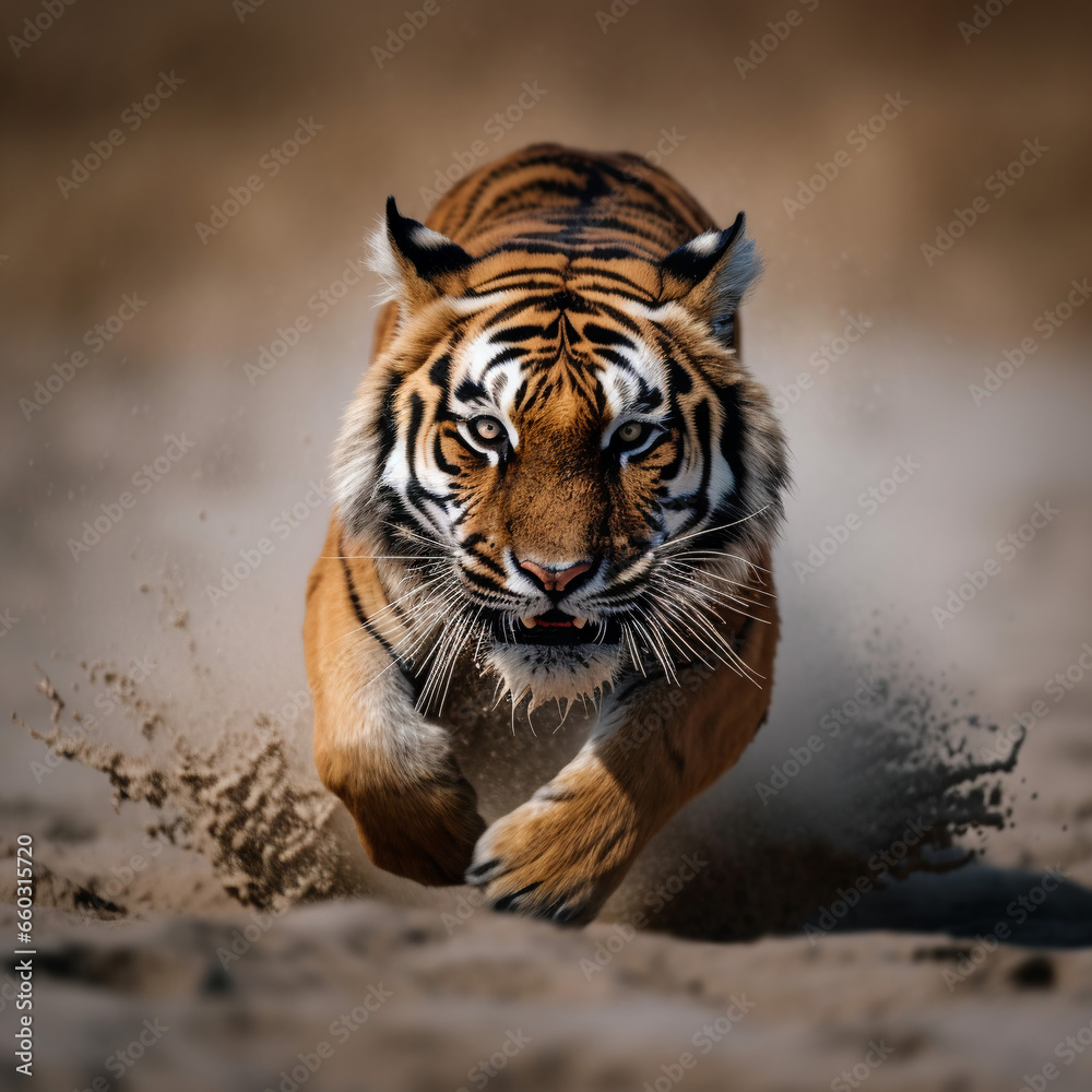 Obraz premium detailed portrait of the tiger animal running, preying, chasing, generative ai