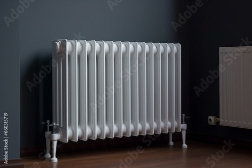 Home heating with gas heater and white radiator on grey wall. Generative AI