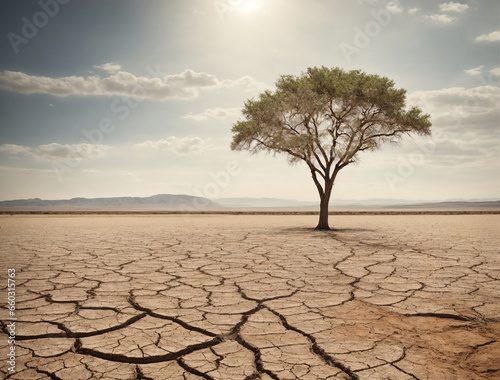 A lonely tree in the middle of a desert with drought-cracked soil