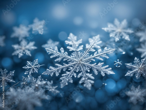 Detailed large snowflakes on a blue background.