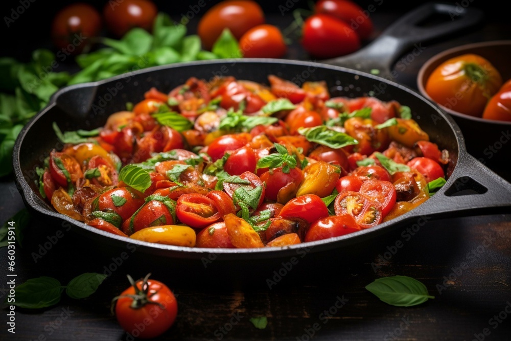 Vibrant Mediterranean flavors with tomatoes, basil, chili, garlic, and more; perfect for vegan, healthy cooking. Generative AI