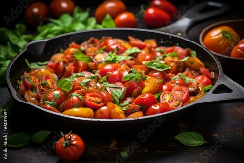 Vibrant Mediterranean flavors with tomatoes, basil, chili, garlic, and more; perfect for vegan, healthy cooking. Generative AI
