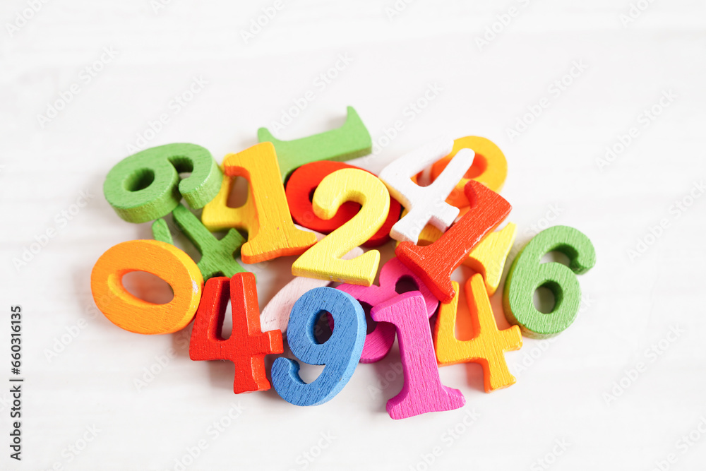 Fototapeta premium Number wood block cubes for learning Mathematic, education math concept.