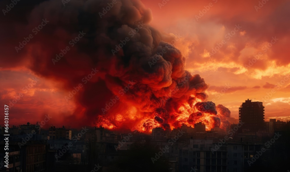 Fire in the city caused by the explosion of a combat missile