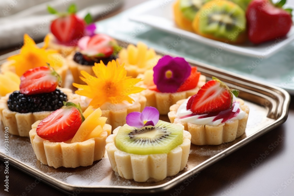 a set of tropical fruit tarts on a tray
