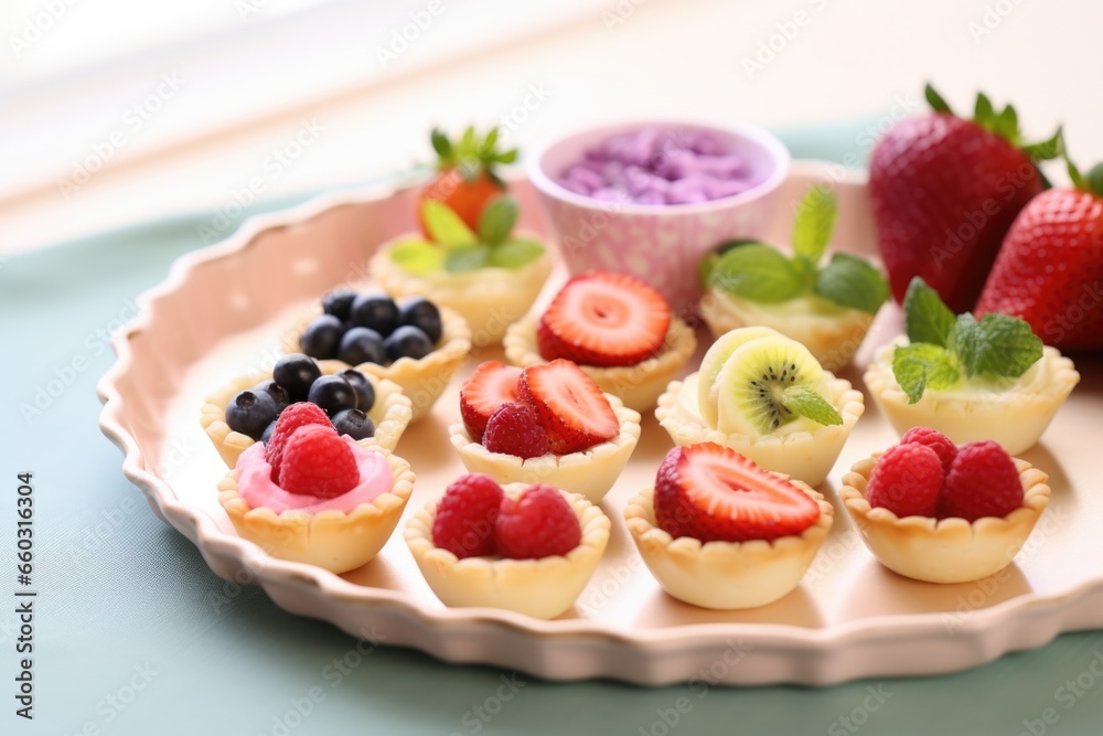 mini fruit tarts arranged on a pastel pink tray