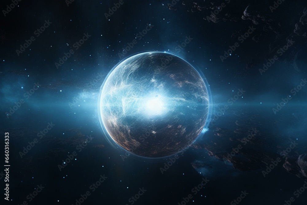 A mysterious dark sphere surrounded by cosmic energy in the vast expanse of the universe. Generative AI