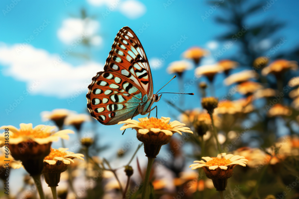 Obraz premium Floral dance Butterfly elegantly soars over vibrant blooming flowers. AI Generative touch adds to the enchanting beauty of this natural moment.