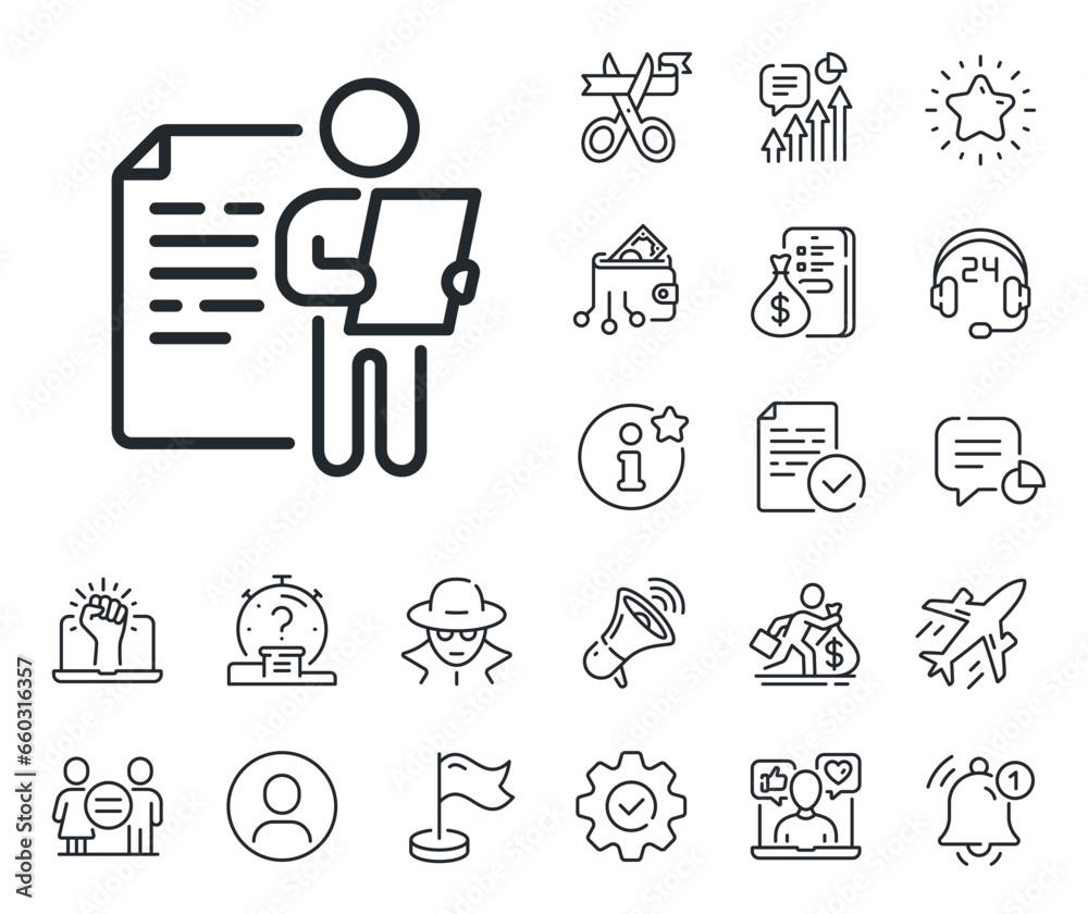 CV file page sign. Salaryman, gender equality and alert bell outline icons. Job interview document line icon. Office workflow symbol. Job interview line sign. Spy or profile placeholder icon. Vector CV file page sign. Salaryman, gender equality and alert bell outline icons. Job interview document line icon. Office workflow symbol. Job interview line sign. Spy or profile placeholder icon. Vector