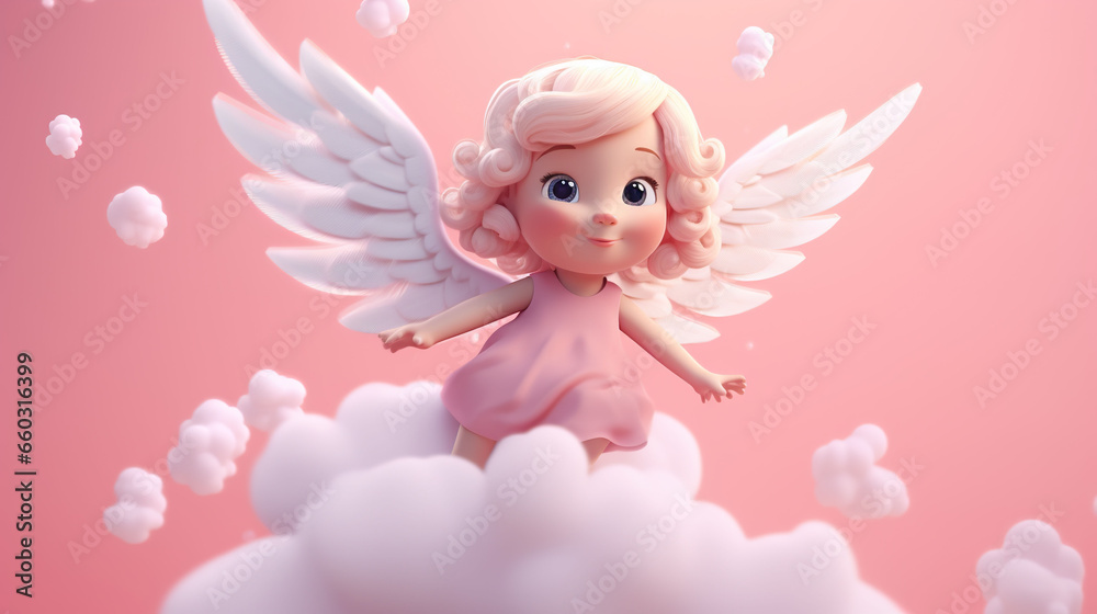 3D cute cartoon angel with wings and clouds. - obrazy, fototapety, plakaty 