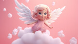 3D cute cartoon angel with wings and clouds.