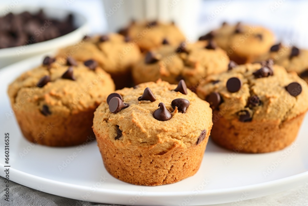 closeup of chocolate chip gluten-free muffins on a white plate