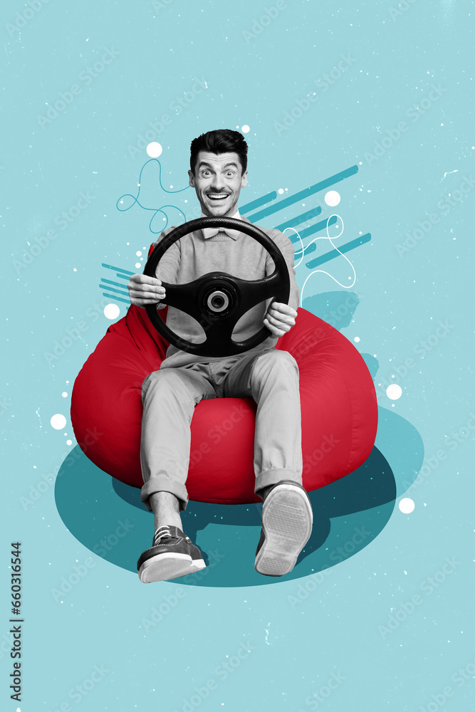 Vertical creative composite artwork photo collage of excited man hold steering wheel sit on pouf buy new car isolated drawing background Vertical creative composite artwork photo collage of excited man hold steering wheel sit on pouf buy new car isolated drawing background