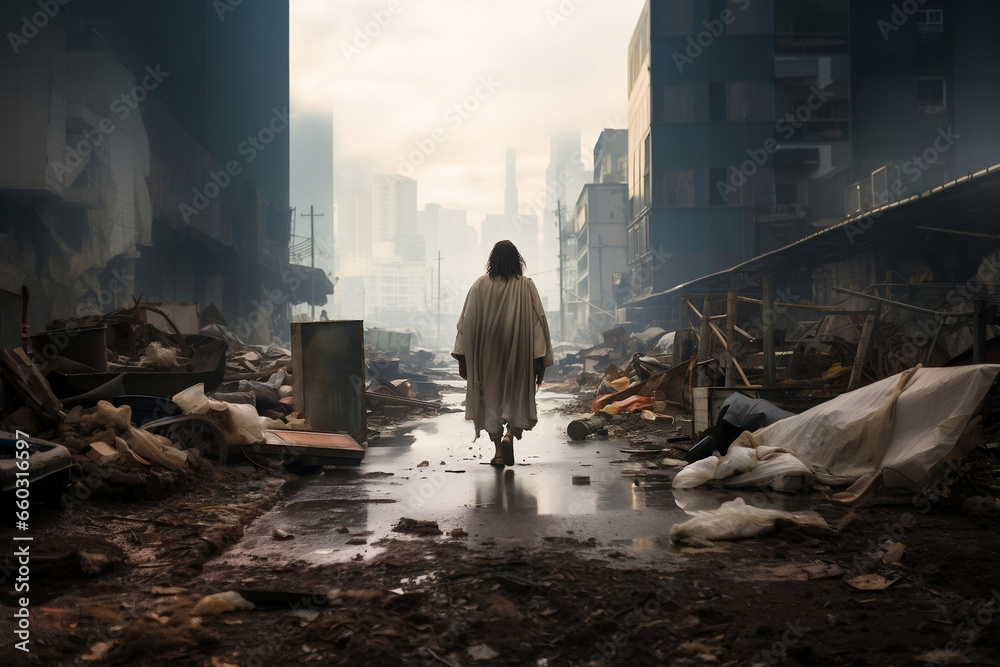 Jesus walking in a destroyed city after some king of disaster, religion and apocalypse concept - obrazy, fototapety, plakaty 