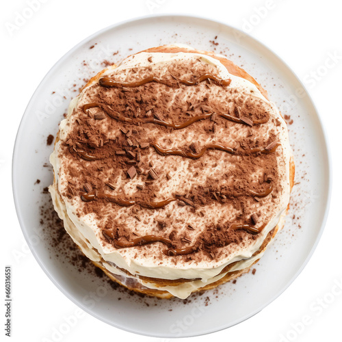 Tiramisu Cake on a White Plate on Transparent Background.