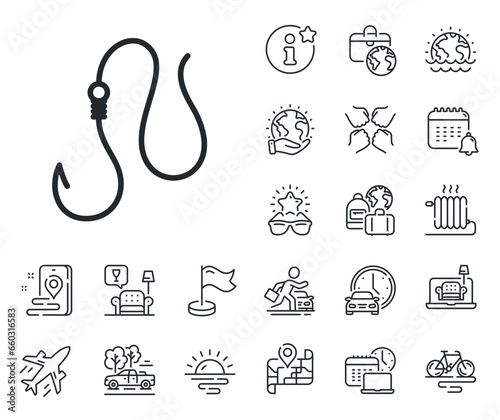Fishing tackle sign. Plane jet, travel map and baggage claim outline icons. Hook line icon. Catching fish fishhook symbol. Hook line sign. Car rental, taxi transport icon. Place location. Vector