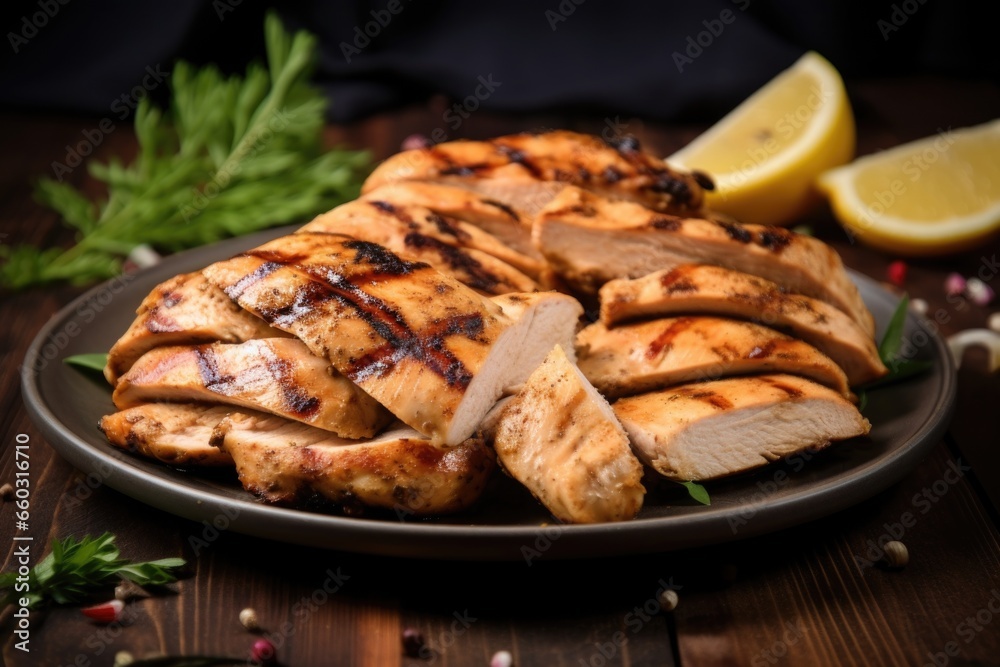 juicy grilled chicken sliced on a ceramic plate
