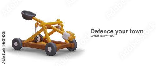 Poster with realistic weapon for throwing projectiles over long distances. Defense your town concept. Vector illustration with white background with place for text