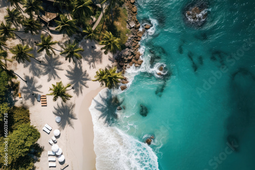 Seaside serenity from a drone's perspective A beach kissed by palm trees. AI Generative beachfront beauty.