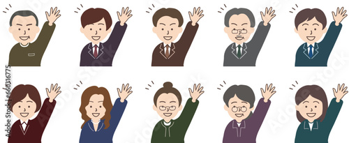 スーツを着た男性と女性人物のセット_左手挙手