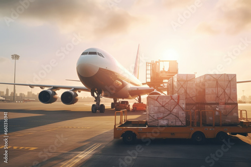 Precise preparations for air travel Cargo loading onto a commercial airliner against a sky-blue backdrop. AI Generative shipping.