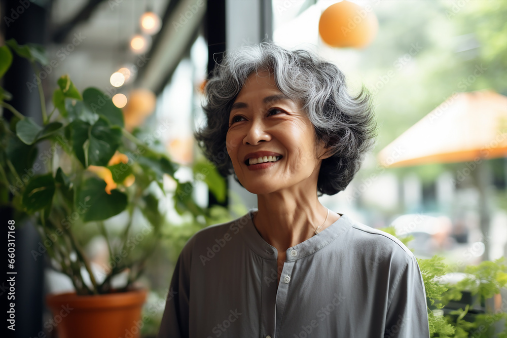 portrait of senior asian woman with grey short hair smiling posing on camera indoor