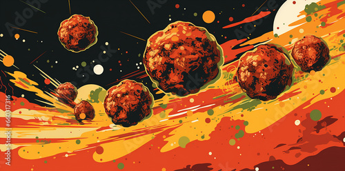 meatballs falling in an imaginary sky illustration