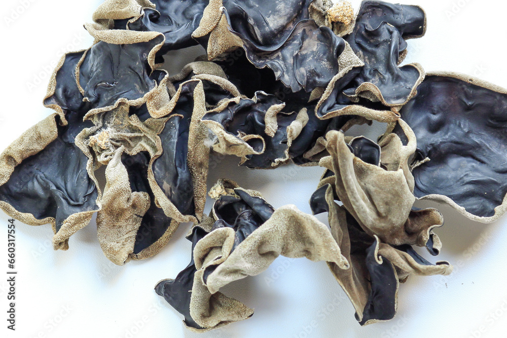Dried black mushroom isolated on white background. Chinese black fungus ...