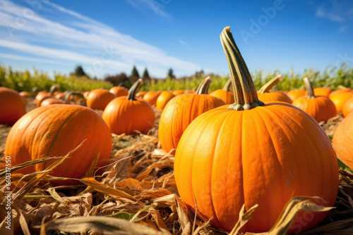 A picturesque Halloween pumpkin display in a rustic field. Enjoy the vibrant colors of autumn in this idyllic countryside scene is AI Generative.