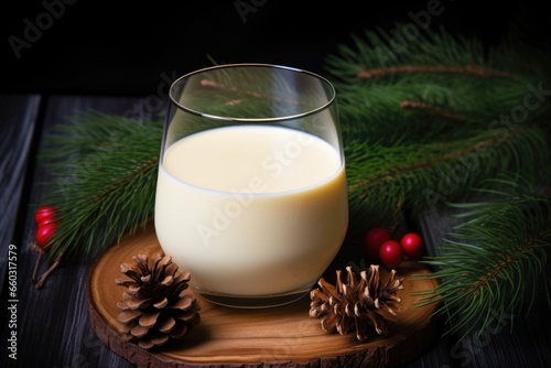 eggnog in a glass goblet next to a pine wreath