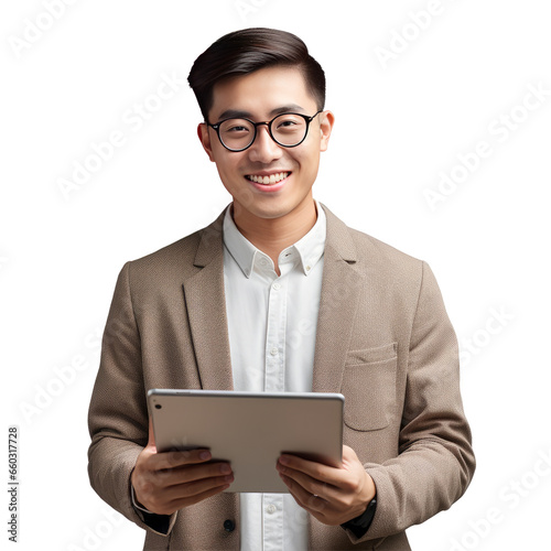 Young handsome asian man wear glasses happy face smiling use tablet, isolated on white transparent background