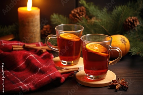 two aroma candles beside a glass of warm mulled cider