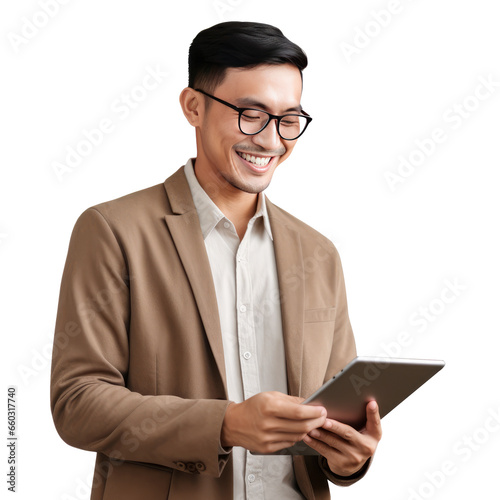Young handsome asian man wear glasses happy face smiling use tablet, isolated on white transparent background