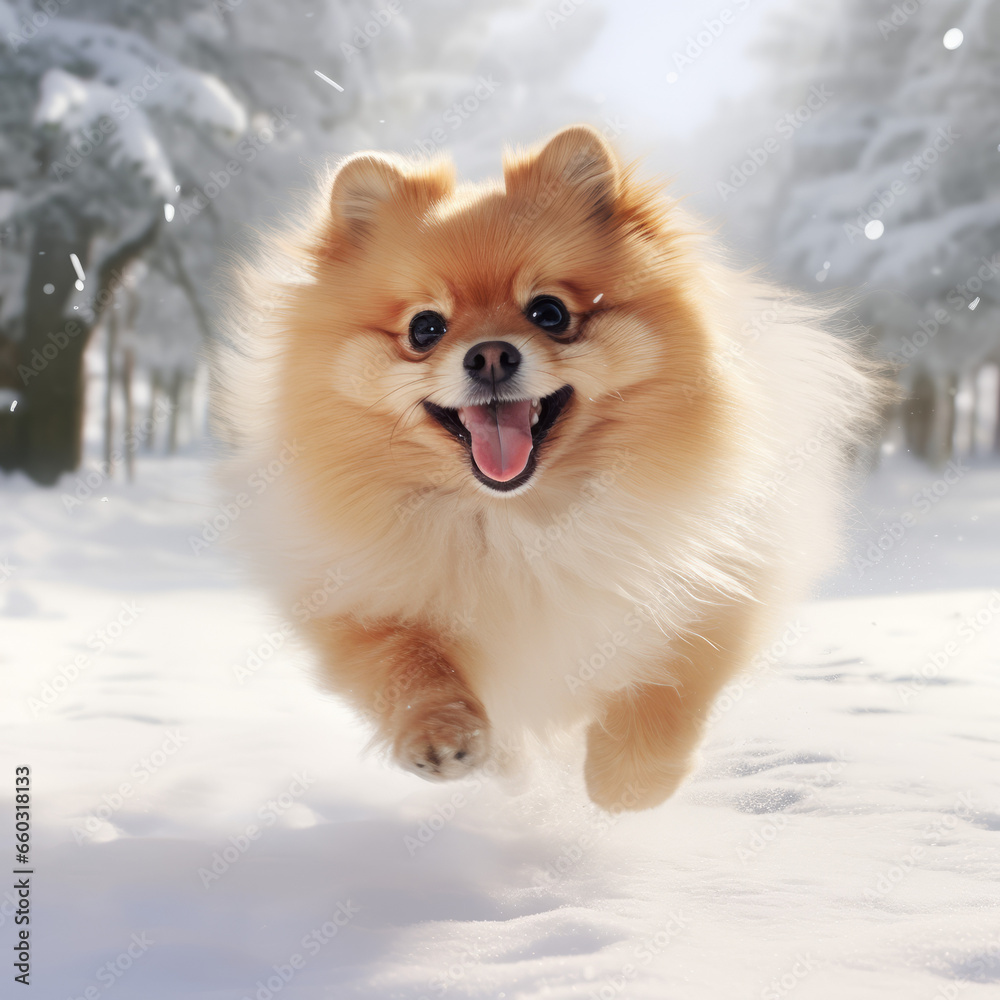 Pomeranian dog running in the field covered in snow in winter Pomeranian dog running in the field covered in snow in winter