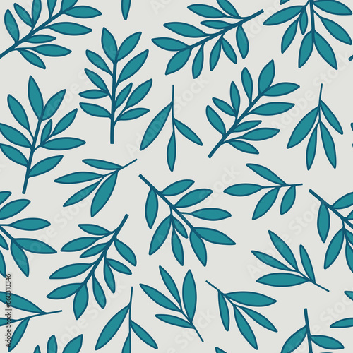 Blue brunches seamless pattern. Hand drawn repeat twigs with leaves on light gray background. Delicate botanical allover print. Leafs raster endless backdrop
