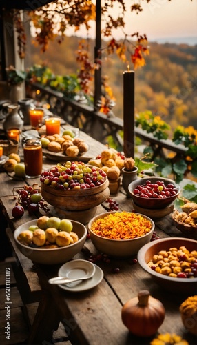 View to a rustic terrace filled with pots with autumn flowers and a vine full of red leaves and bunches of grapes. In the foreground a wooden table with a copious breakfast, coffee, bowls, bg-sunrise.