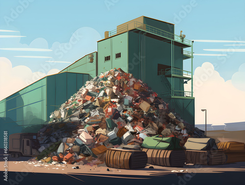 Dynamic Contrast of Nature and Neglect: Vibrant Green Eco-Building Tower Illustration Amidst Scattered Garbage - Perfect for Sustainability Campaigns and Environmental Awareness Projects photo