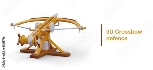 Poster with 3d realistic crossbow toy. Weapon for defense. Element for online computer game. Protect your town concept. Vector illustration in yellow colors and place for text