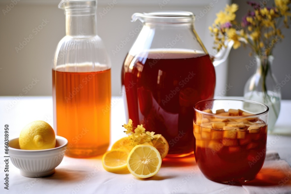 glass pitcher with kombucha on a light table, with a pitcher of sweet tea nearby glass pitcher with kombucha on a light table, with a pitcher of sweet tea nearby