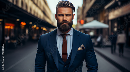 Bearded businessman standing confidently on a city street © L