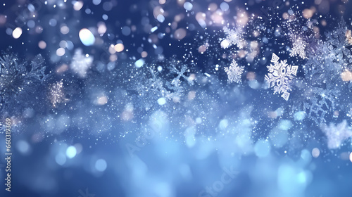 A Snow-Covered Landscape Bathed in Light, Christmas background, snowflakes and magic bokeh lights background