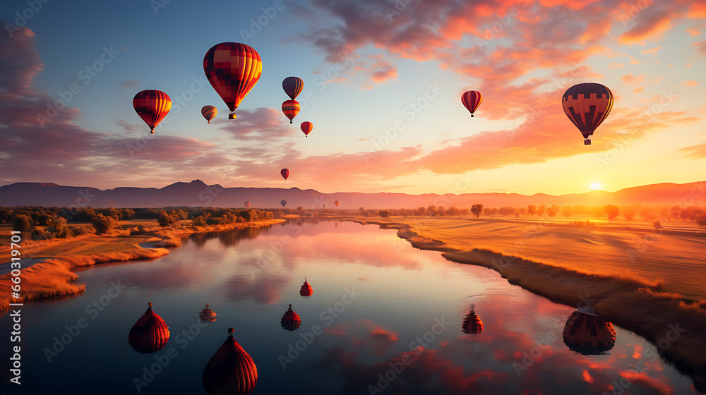 Naklejka premium Hot Air Balloons Taking Off at Dawn