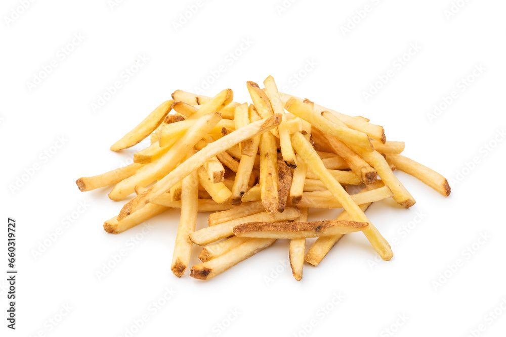 French fries pile on white background. French fries pile on white background.