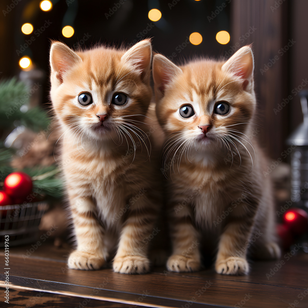 Cute fluffy kittens in winter caps, against the background of a Christmas fir-tree. Christmas style cat