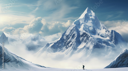 Snow-Capped Mountain Range with Lone Skier Descending