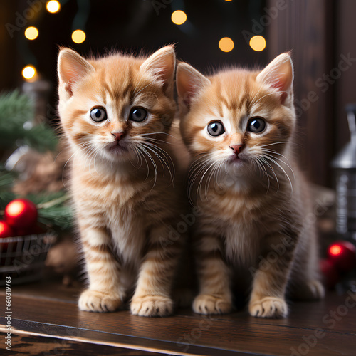 Cute fluffy kittens in winter caps, against the background of a Christmas fir-tree. Christmas style cat